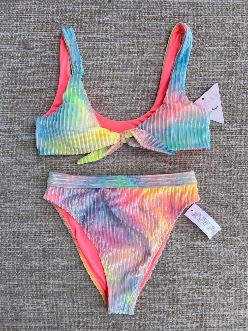 Revibe Dippin' Daisy's Neon Pastel Rainbow Tie-Dye Ribbed Velvet Bikini Set -S